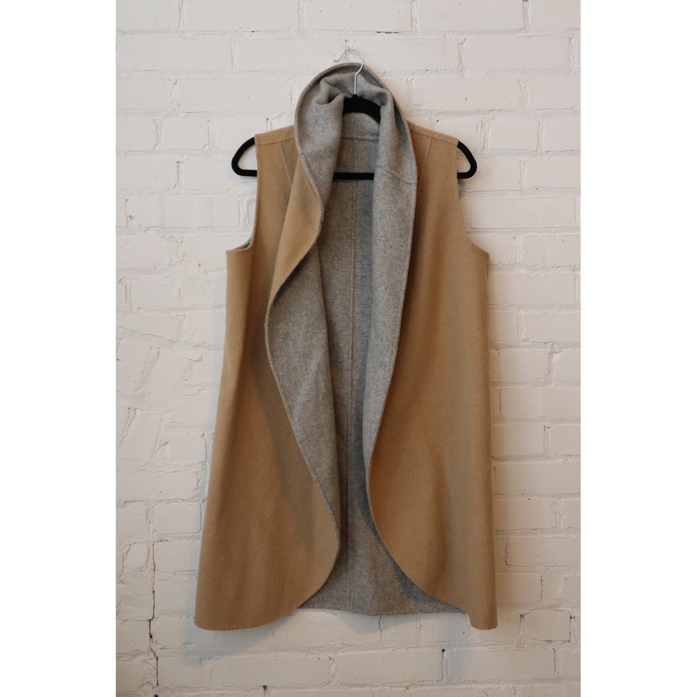 Reversible Longline Draped Hooded Vest Camel Tan Heather Gray Open Front Layer